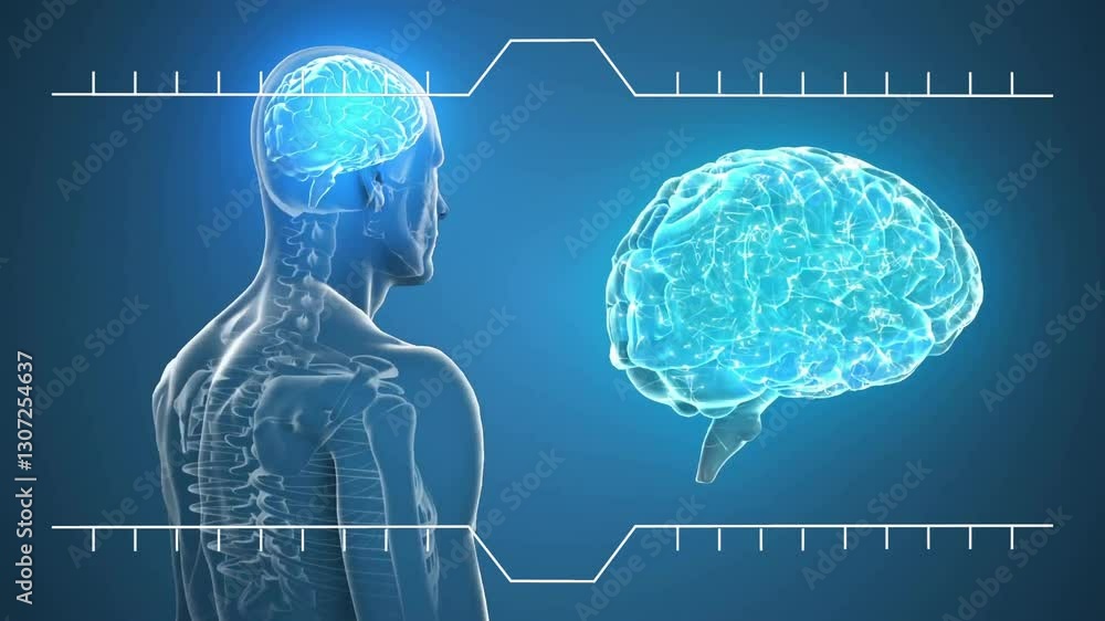 Poster animation of human skeleton and brain scan on digital interface, blue background