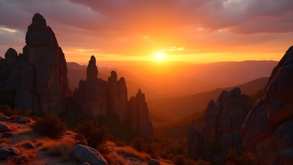 Dramatic Mountain Vista at Sunset with Towering Rock Formations and Warm Golden Light