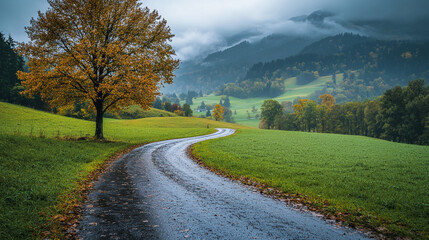 Fototapeta premium Scenic autumn landscape with winding road and golden tree path view fall hills foggy green rural