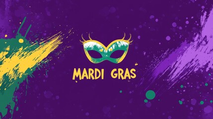 Minimalist vector logo design for Mardi Gras with bold "MARDI GRAS" text on a vibrant purple, green, and yellow background, featuring brush strokes and a festive mask icon.