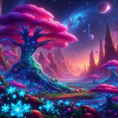 Obraz premium Blossoming Trees Exoplanet: Sci-Fi Alien Landscape 
