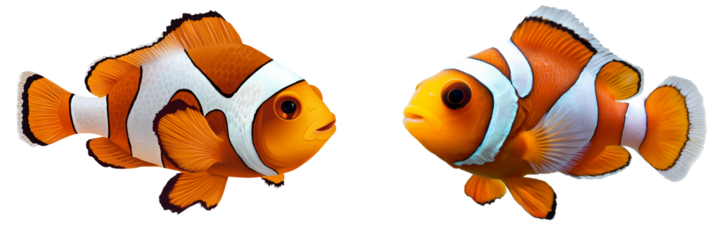 Set of a Clownfish, mostly orange with white stripes, isolated on transparent background.