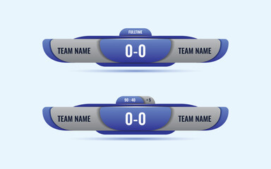 Realistic digital scoreboard template for sports competitions, featuring a modern blue and gray design with match time and score display.