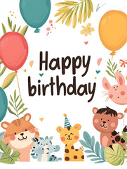 Obraz premium Happy birthday background card with wild Animals, for child and kids Birthday greeting card illustration