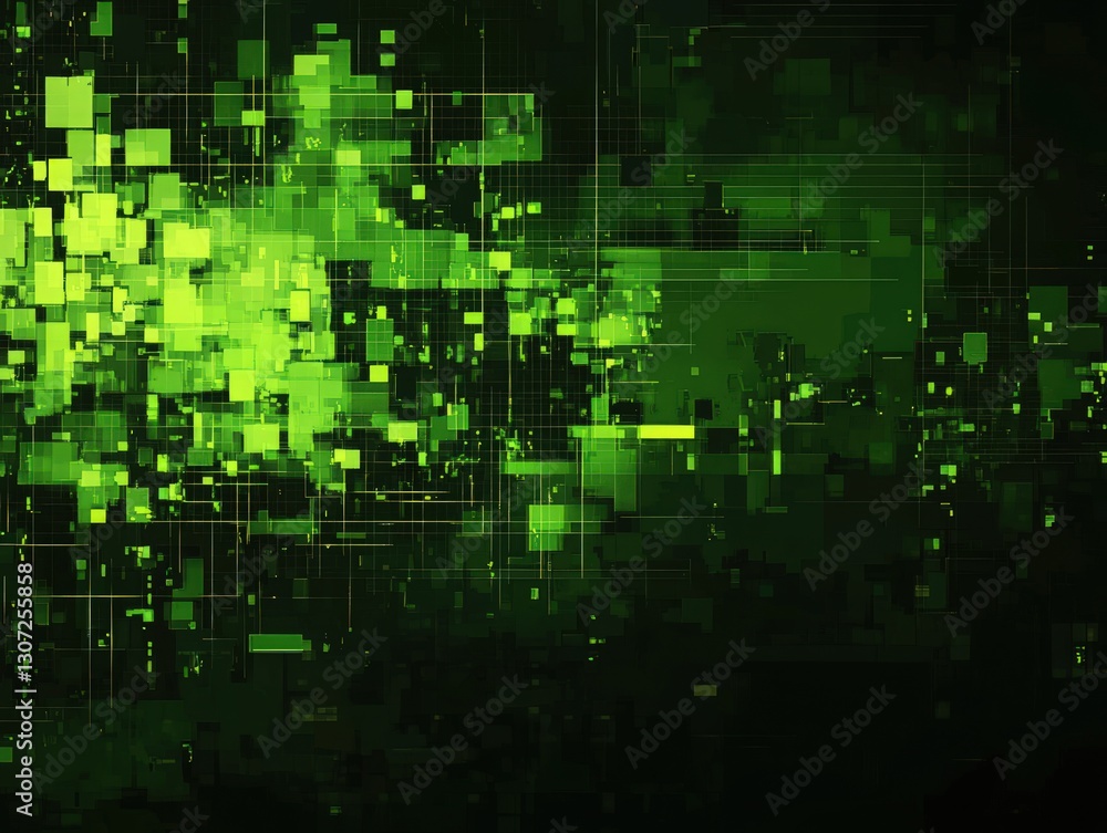 Poster abstract digital art composition featuring a green pixelated pattern and dark background with illumi