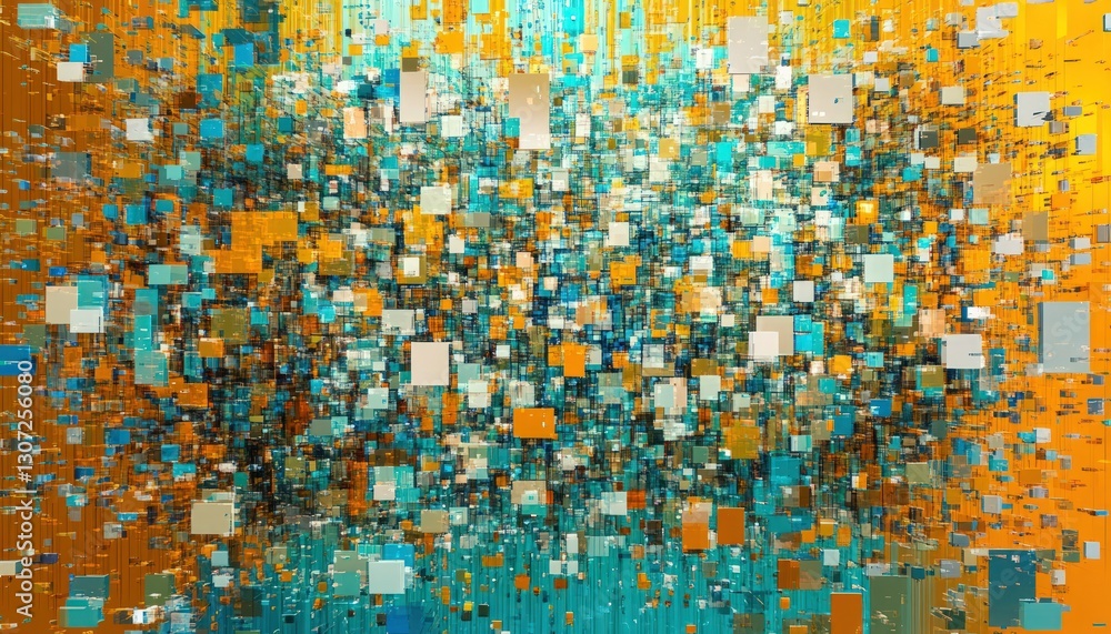 Poster abstract composition of multicolored floating squares on a gradient background, showcasing geometric