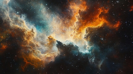 Fototapeta premium Vibrant cosmic nebula orange and teal space cloudscape art sky stars night dream color image photo