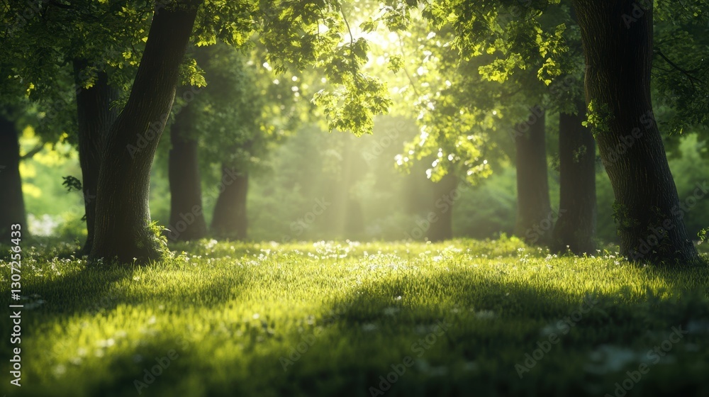 Poster sunlight filtering through lush green leaves in a serene forest scene with soft grass and gentle sha