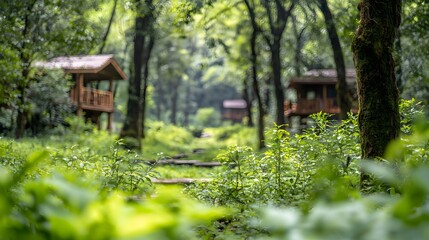 A mesmerizing forest ravine teeming with life where towering trees with lush green foliage create an enchanting shaded retreat offering a serene escape into nature s abundance