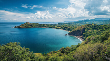 Fototapeta premium Stunning tropical bay landscape with lush green hills and blue ocean sea sky sun view calm beach