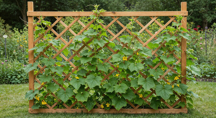 Flourishing Green Cucumber Plant with Flowers Climbing Diamond-Shaped Garden Trellis
