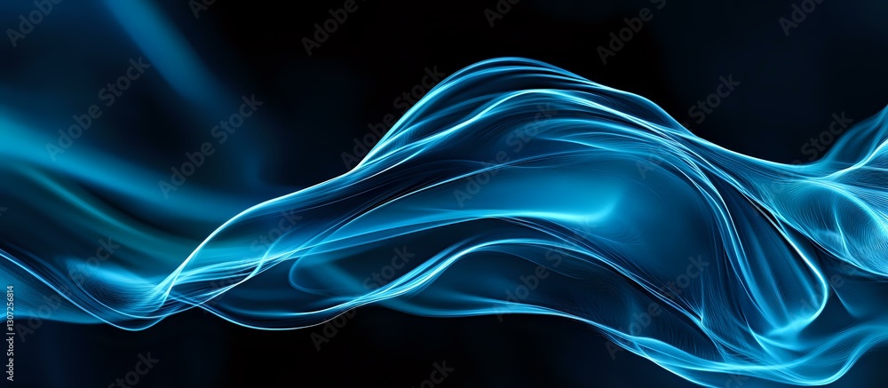 Poster glowing blue wave abstract on black background with flowing light effect and smooth curved lines cre