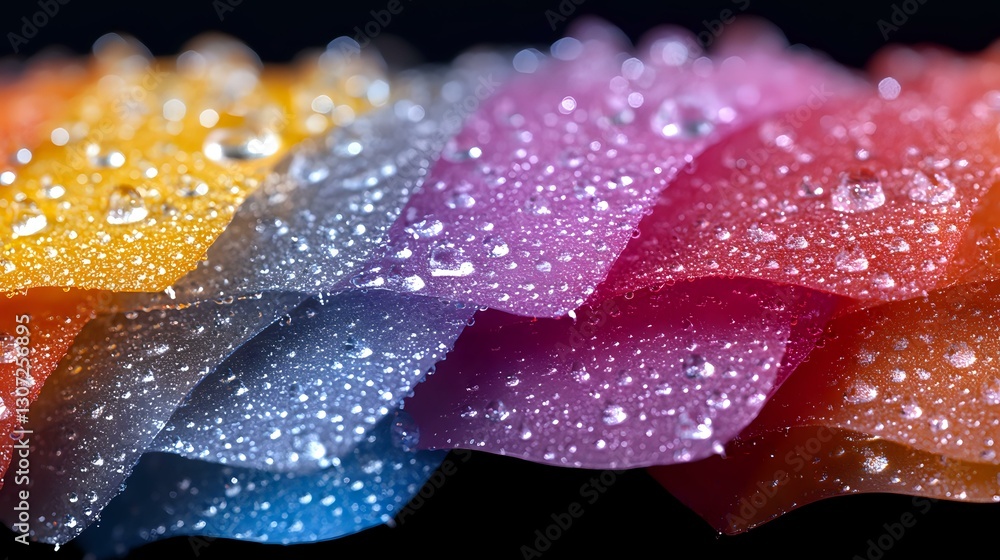 Poster colorful translucent sheets with water droplets in rainbow gradient from yellow to blue and red, cre