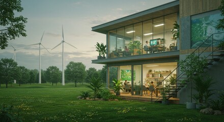 Obraz premium Modern eco-friendly office building with wind turbines in the background at dusk