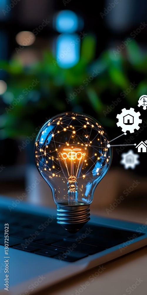 Poster glowing lightbulb with digital network connections and house icons floating above laptop keyboard, r