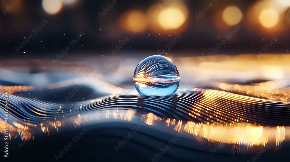 Aufkleber crystal clear water drop on reflective rippled surface with golden bokeh lights creating magical mac