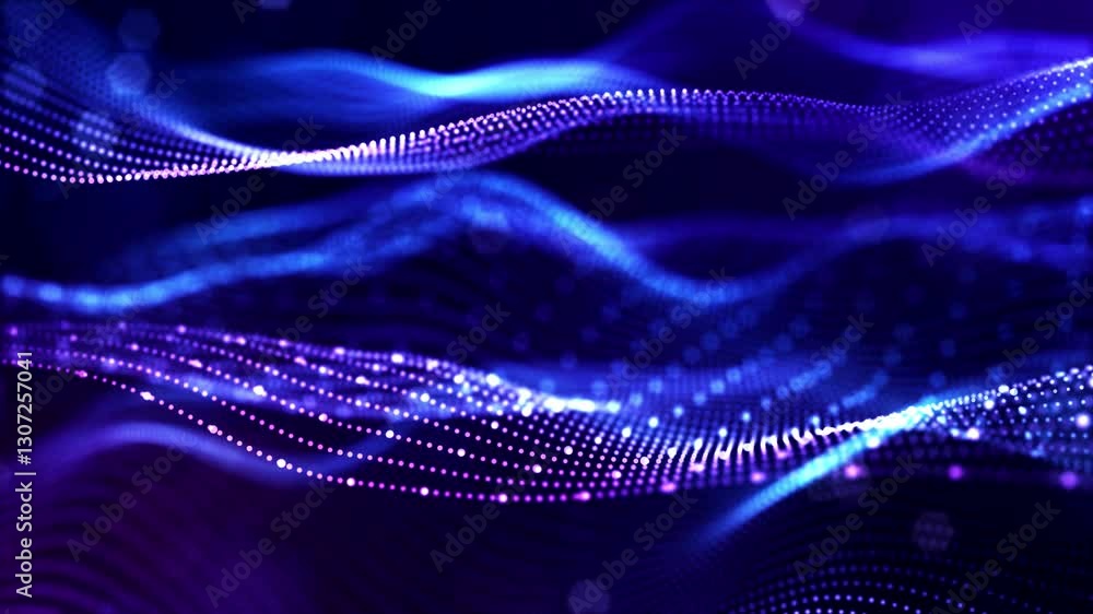 Poster vj loops strings. this is an abstract digital wave background characterized by vibrant blue and purp