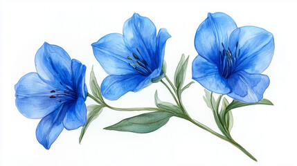 Fototapeta premium Three Vibrant Blue Blossoms Gracefully Arranged On A Stem, A Delicate Watercolor Painting Capturing Serene Beauty With Soft Light And A Clean Isolated on Transparent Background