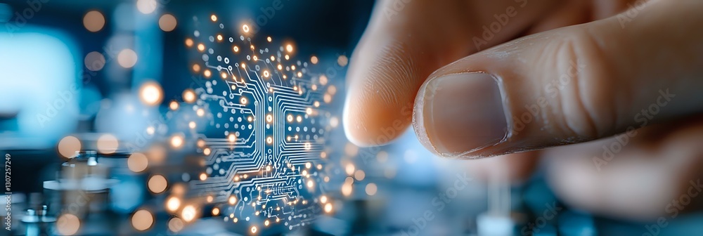 Poster futuristic microchip technology concept with glowing circuit paths and finger touching digital netwo