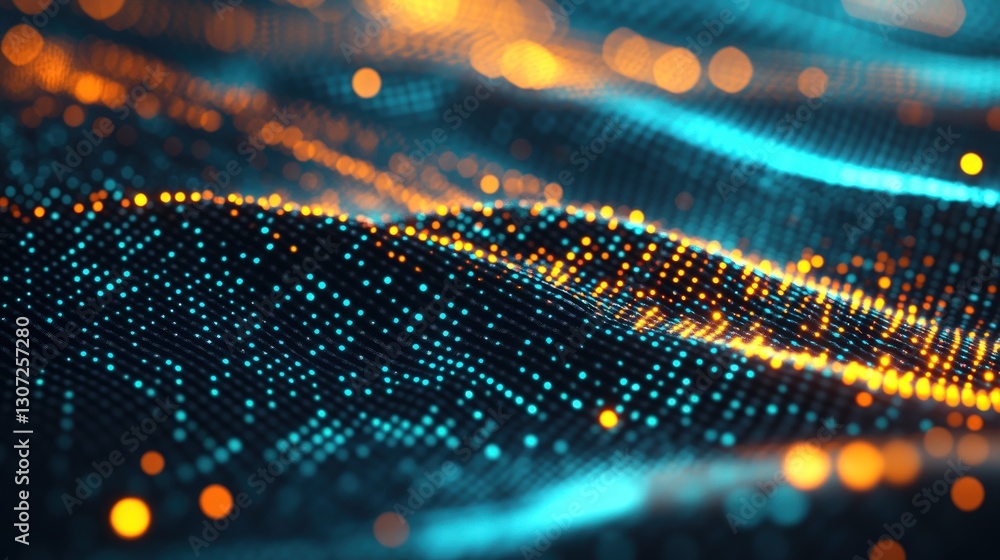 Poster abstract digital data flowing with bokeh effect and blue orange color grading