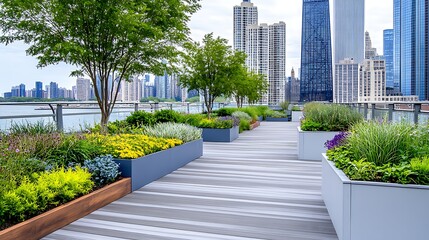 Urban Rooftop Garden with City Skyline View Planters and Modern Deck