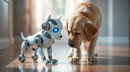 Real Golden Retriever Dog Meeting Robotic Pet Companion. for technology, pets, AI, future living, and companionship concepts.