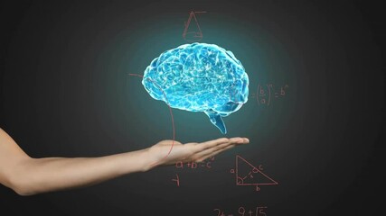 Holding digital brain, hand with mathematical equations and animation in background