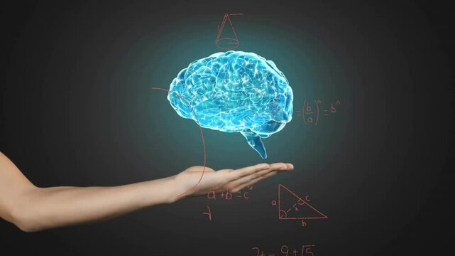 Holding digital brain, hand with mathematical equations and animation in background - Powered by Adobe