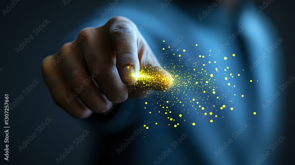 Aufkleber magical glowing gold dust particles trailing from finger against dark background creates ethereal ef