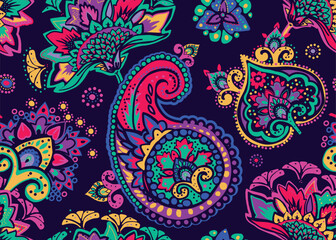 Seamless paisley pattern in Oriental style with floral and ethnic motifs for printed fabric, wallpaper, and packaging