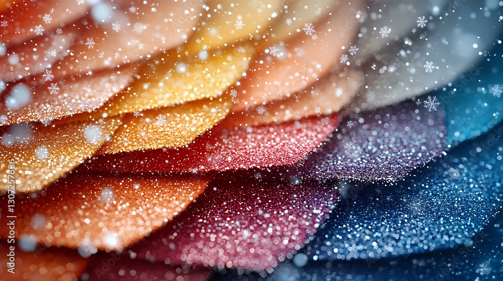 Poster macro photography of colorful flower petals with water droplets and sparkles creating dreamy bokeh e