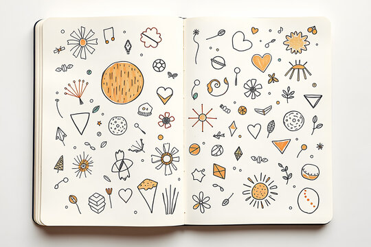 Doodles in open notebook featuring abstract shapes, Hand drawn flowers, and simple illustrations for bullet journal inspiration or creative design
