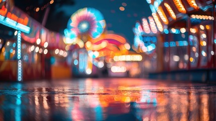 Night carnival lights reflected on wet ground.