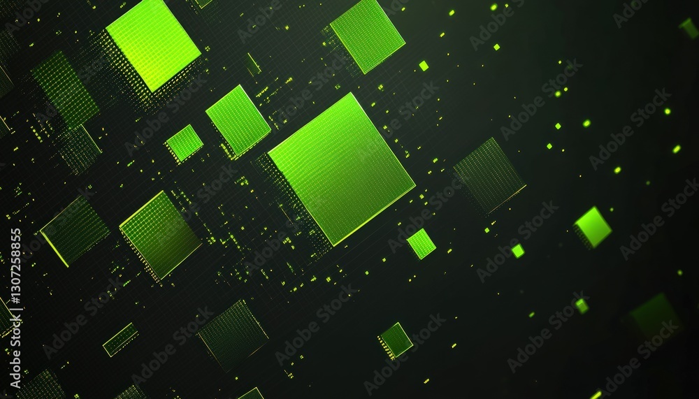 Poster abstract digital green squares floating against a dark background creating a futuristic data visuali