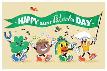 Happy saint Patrick's day card. Cartoon characters with lucky charms singing and walking. Irish holiday parade.