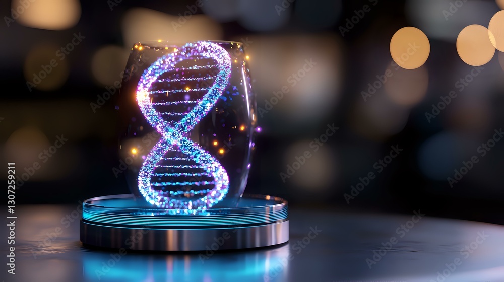 Poster glowing dna helix structure with sparkles on illuminated platform against dark background with bokeh
