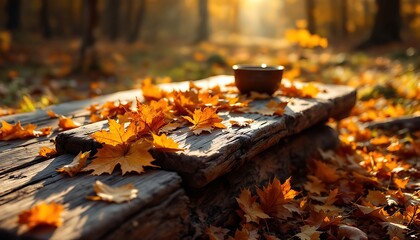 Autumn Maple Leaves on Wooden Bench with Tea Bowl in Forest