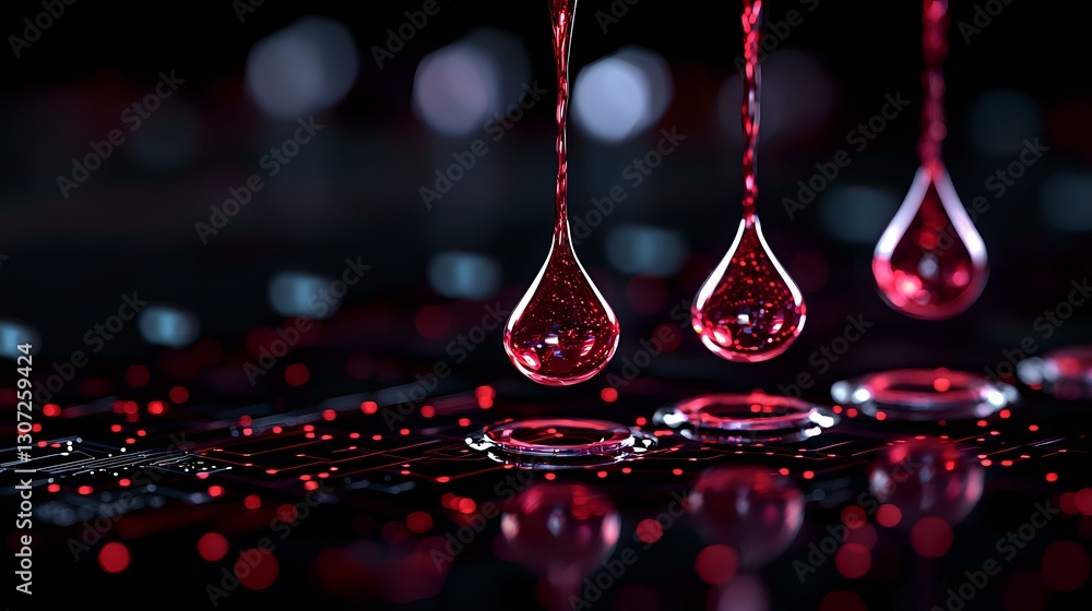 Aufkleber mesmerizing red water drops suspended in mid-air with splash ripples on dark reflective surface, cre