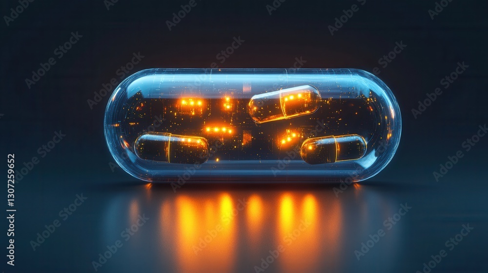 Poster futuristic transparent pill bottle with glowing capsules in a cyberpunk aesthetic and high tech desi