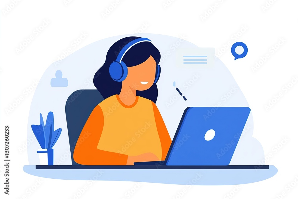 Poster a remote worker attending an online conference with a headset and a notebook, 32k resolution