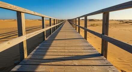 Fototapeta premium Scenic wooden boardwalk leading through serene desert landscape at sunset