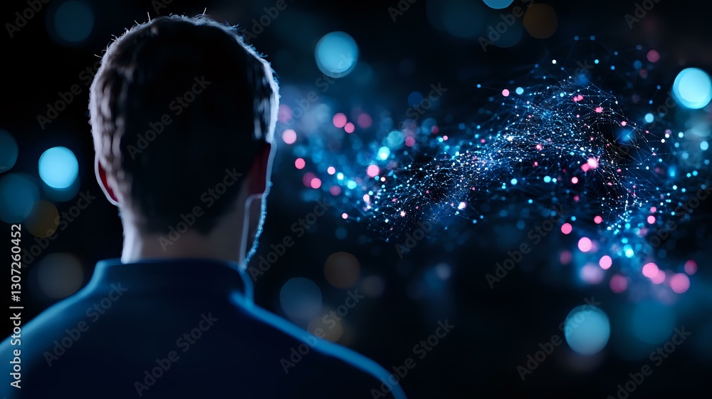 Aufkleber silhouette of man looking at glowing blue and pink particles floating in dark space, creating magica