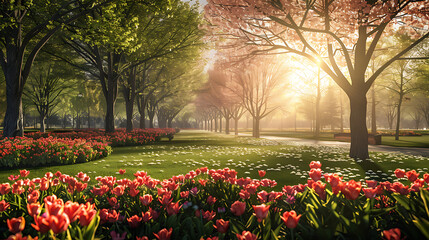 A serene park filled with blooming flowers and sunlit trees