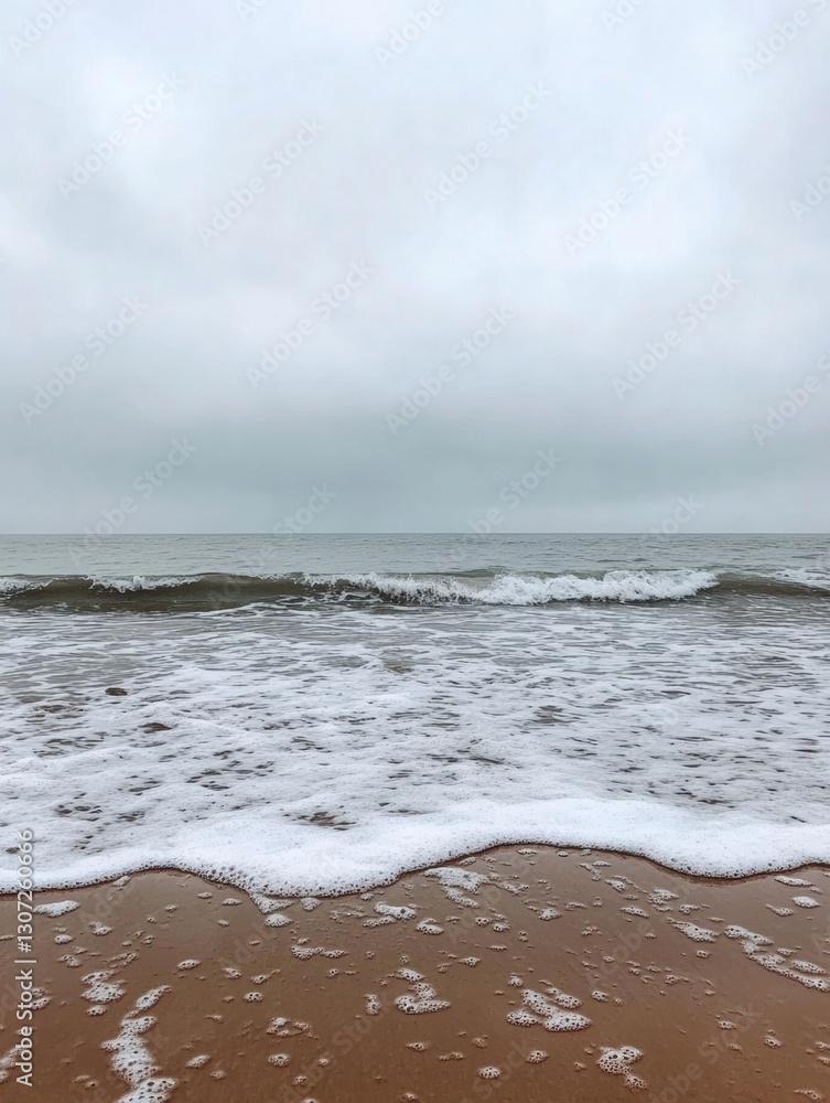 Poster Lonely seashore with gentle waves under an overcast sky creates a serene atmosphere for reflection and peace Generative AI