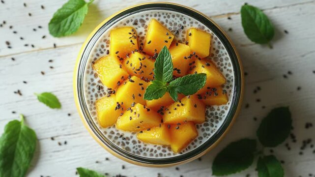 Refreshing Mango Chia Pudding with Mint Garnish on Rustic White Background