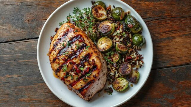 Grilled Chicken Breast With Vegetables and Wild Rice on a Wooden Table