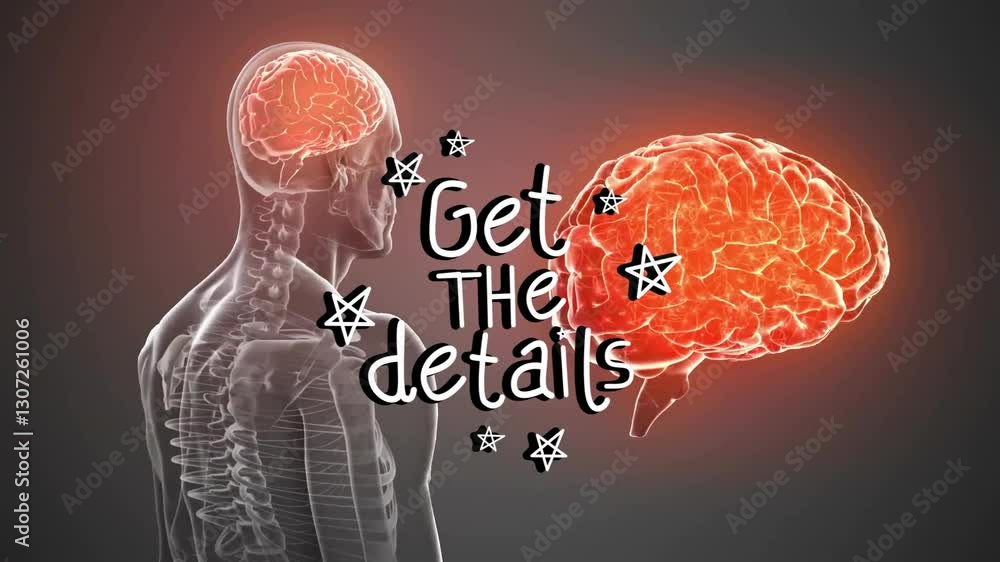 Poster animation of glowing brain in human skeleton with get details text in foreground
