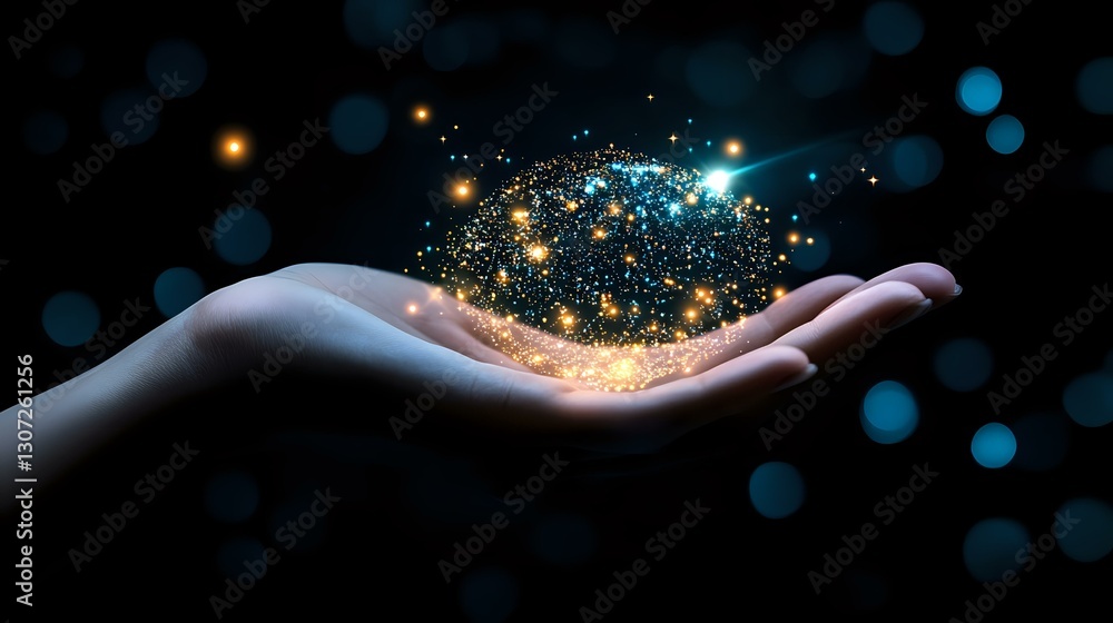 Poster magical glowing particles and sparkles floating above open palm against dark background with bokeh l