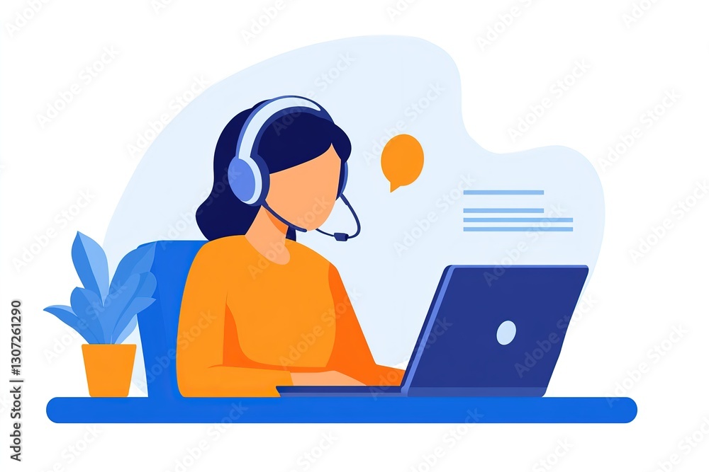 Poster a remote worker attending an online conference with a headset and a notebook, 32k resolution