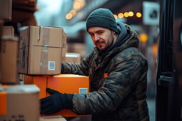 A hectic day with an employee packing boxes onto a vehicle and preparing for a last-mile delivery. Generative Ai
